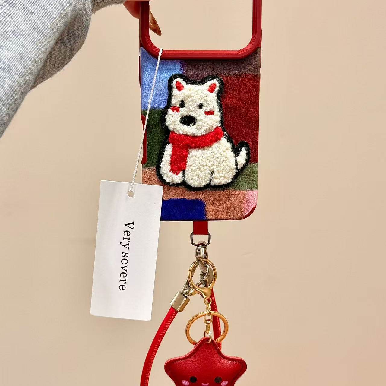 皮纹彩色块刺绣围巾狗狗手拎绳适用苹果17promax手机壳iphone16新款15pro女款14pm全包保护壳