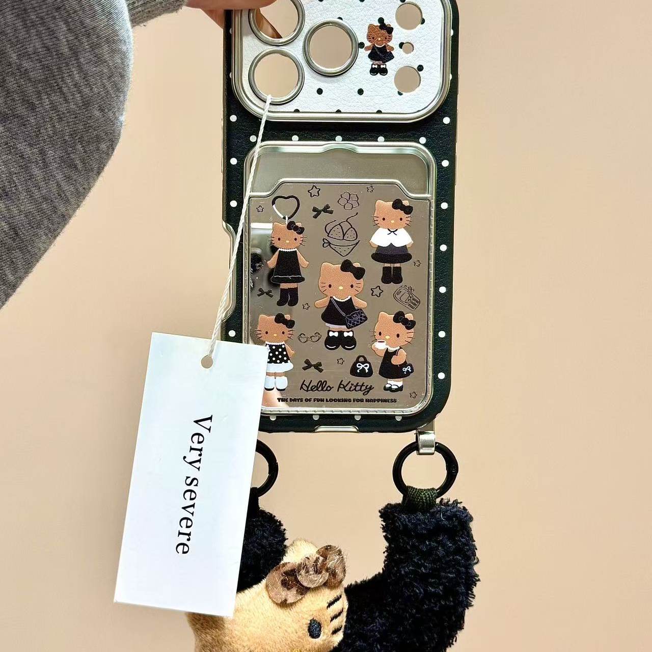 小香风黑裙猫咪镜面卡包腕带适用苹果17promax手机壳iphone16新款15pro女款14pm全包保护壳