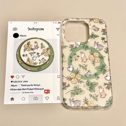 韩系小众满屏花朵兔子磁吸支架适用苹果16promax手机壳iphone15新款14pro女款13pm全包保护壳