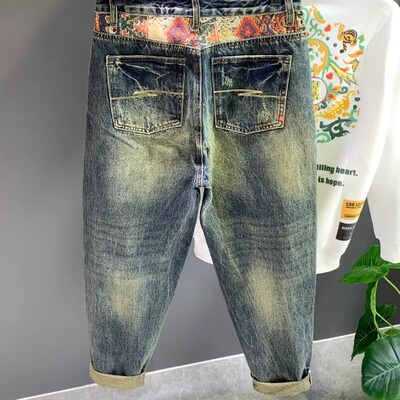 日系潮牌拼接刺绣宽松大码哈伦裤男士复古黄泥微锥形直筒牛仔长裤