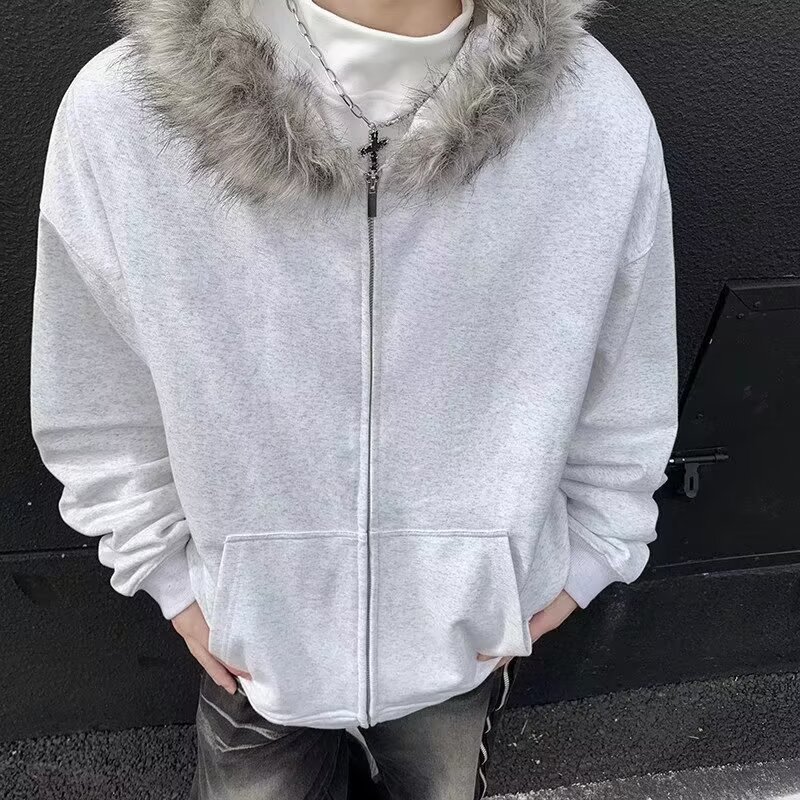 灰色带毛领刺绣连帽开衫卫衣秋冬季男女情侣款运动休闲外套