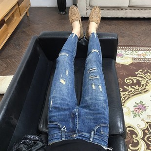 夏季新款修身小脚破洞九分牛仔裤男韩版潮流社会精神小伙网红紧身