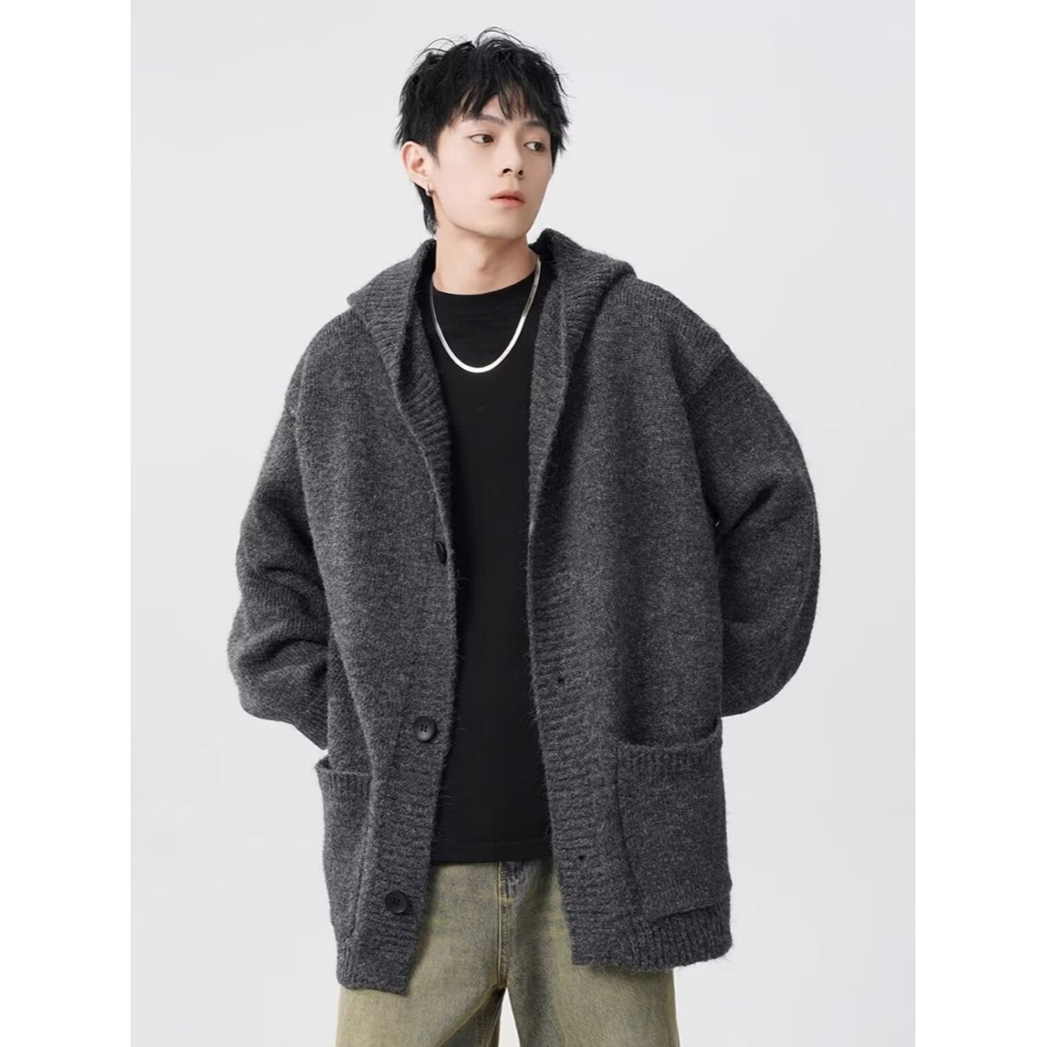 高级感cleanfit灰色开衫外套男秋冬季潮宽松慵懒风针织衫帽衫毛衣