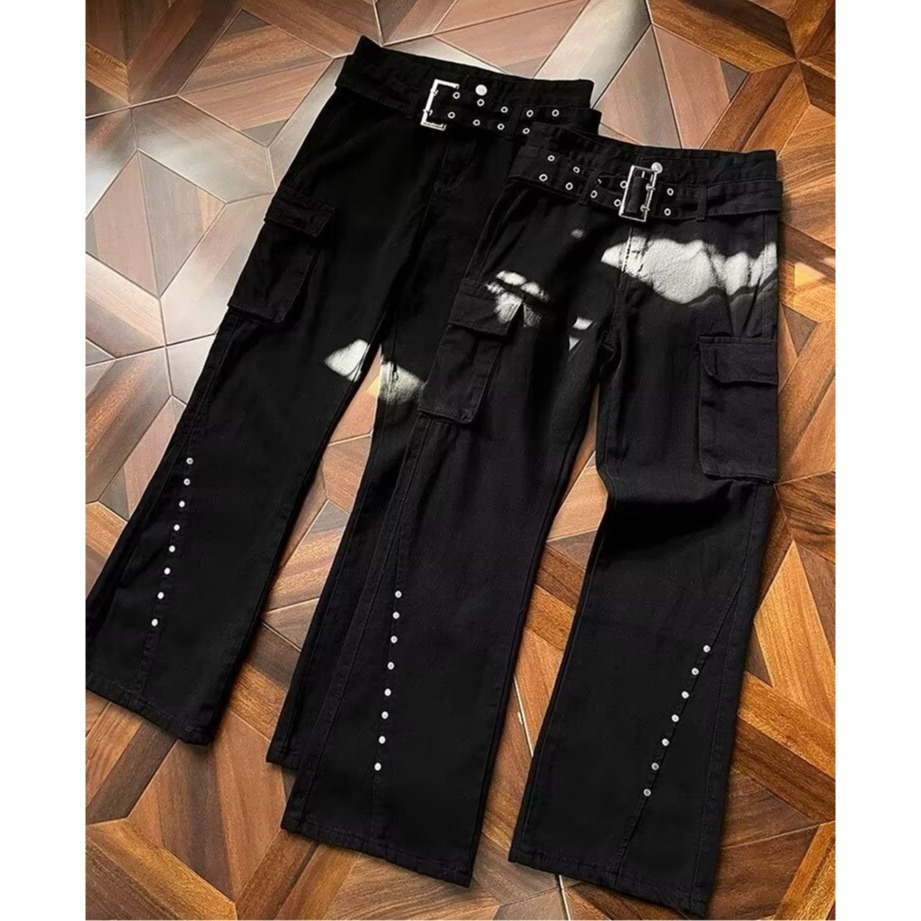 黑色工装裤女春夏高级感宽松机能风直筒裤甜辣嘻哈休闲微喇长裤子