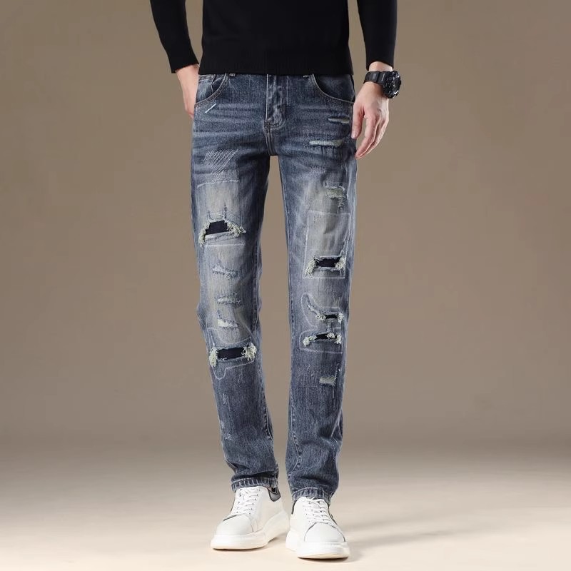 高端破洞补丁牛仔裤男款秋季新款时尚百搭痞帅修身弹力潮流长裤子