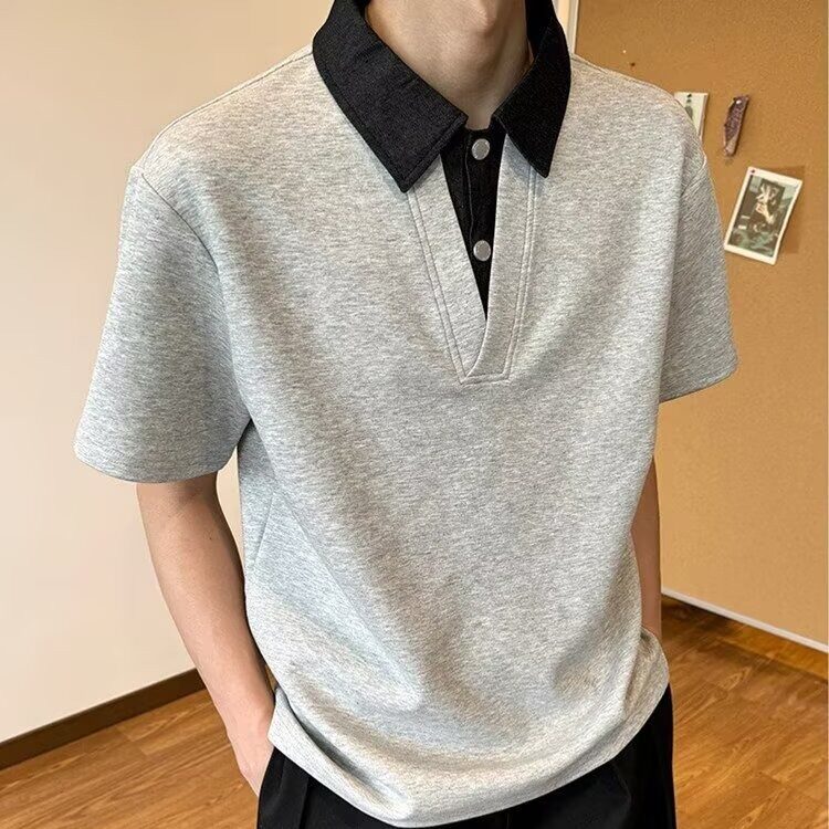 假两件polo领短袖t恤男高级感痞帅翻领衬衫夏季cleanfit正肩上衣