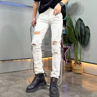 新款 男裤 夏季 高街破洞牛仔裤 子 修身 小直筒纯色乞丐潮牌百搭嘻哈裤