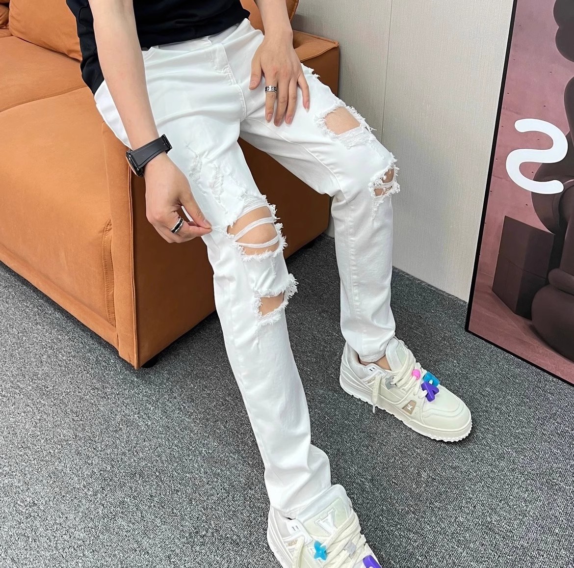 春夏新款高街破洞牛仔裤男裤修身小直筒黑色乞丐潮牌白色嘻哈裤子