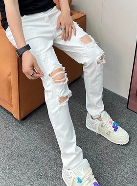 春夏新款高街破洞牛仔裤男裤修身小直筒黑色乞丐潮牌白色嘻哈裤子