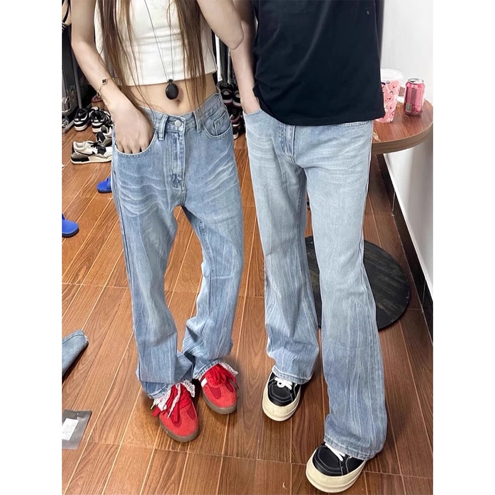 浅蓝色闪电纹牛仔裤男夏季薄款竹节纹裤子美式高街cleanfit微喇裤