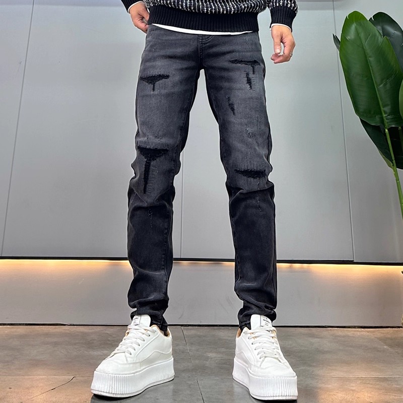 高级感磨烂补丁牛仔裤男黑灰色秋季新款韩版时尚修身小脚休闲裤子