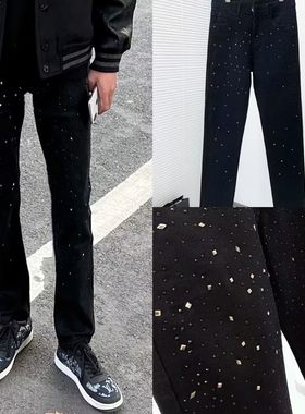 黑色烫钻满天星牛仔裤子男潮网红同款修身百搭潮牌学生休闲九分裤