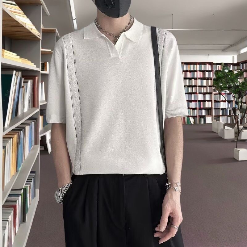 轻熟风翻领短袖T恤男夏季韩版高级感商务轻奢潮流修身针织polo衫