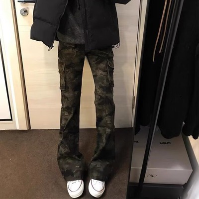 美式复古迷彩微喇工装裤男款夏季vibe高街裤子cleanfit修身牛仔裤