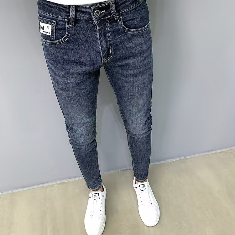 蓝色潮牌牛仔裤男2024年秋季新款韩版修身百搭休闲弹力小脚男裤子