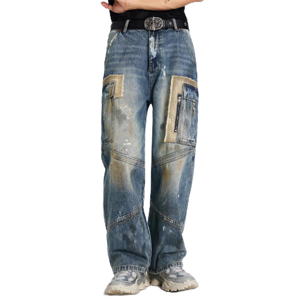 弯刀拼接机车牛仔裤男士美式复古水洗做旧修身小直筒工装牛仔长裤