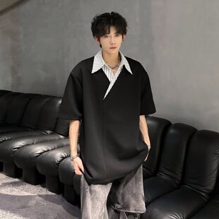 假两件V领短袖polo衫男夏季衬衫领条纹拼接重磅t恤设计感潮牌半袖