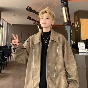 复古机车服外套 高级感潮牌美式 美拉德双拉链皮衣夹克男春秋季 新款