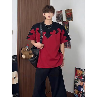 黑红撞色拼接设计感垫肩短袖男夏季高级感痞帅t恤美式重磅半截袖