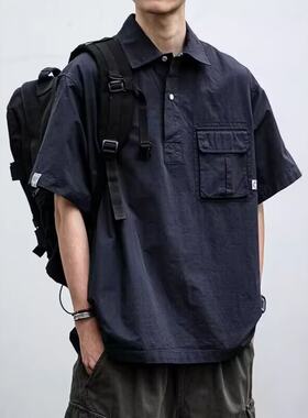 日系复古工装套头短袖衬衫男夏季潮牌户外潮流宽松休闲衬衣外套潮