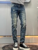 新款 漆点泼墨牛仔裤 男修身 春秋季 小脚复古蓝猫须破洞潮牌痞帅长裤