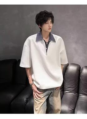 格子假两件男士polo衫短袖夏季2026新款衬衫痞帅高级感半拉链t恤