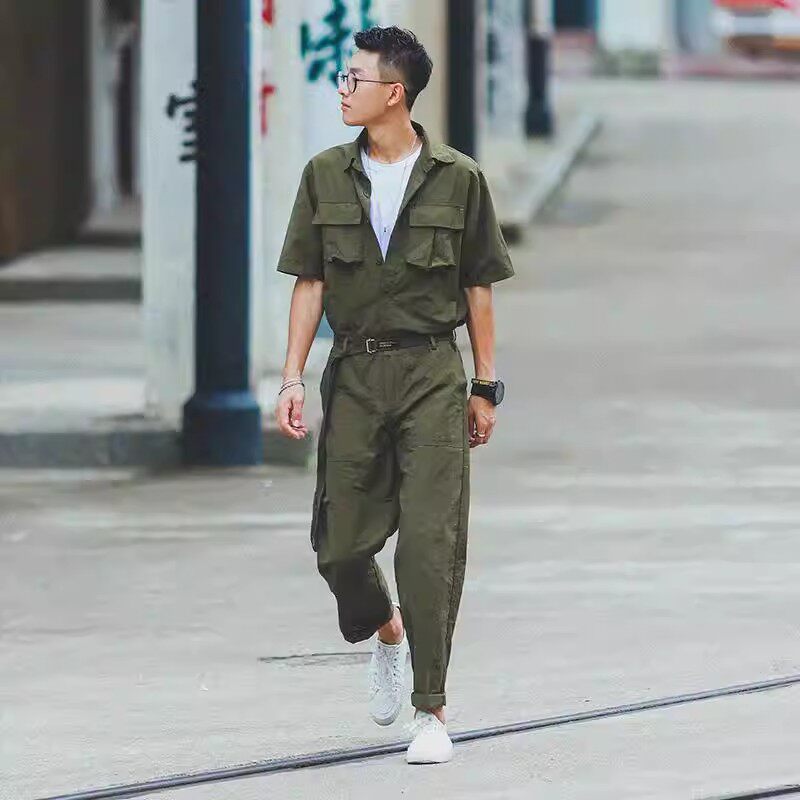 港风工装连体裤男日系复古工装连体衣套装男潮牌短袖腰带连体裤女