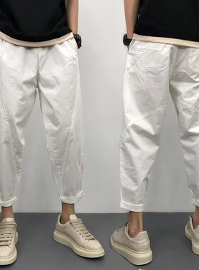 休闲裤男士夏季薄款宽松工装裤直筒阔腿九分哈伦裤痞帅白色裤子男