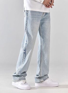 美式直筒牛仔裤男夏季2026新款高街潮牌宽松浅色窄版男生痞帅裤子