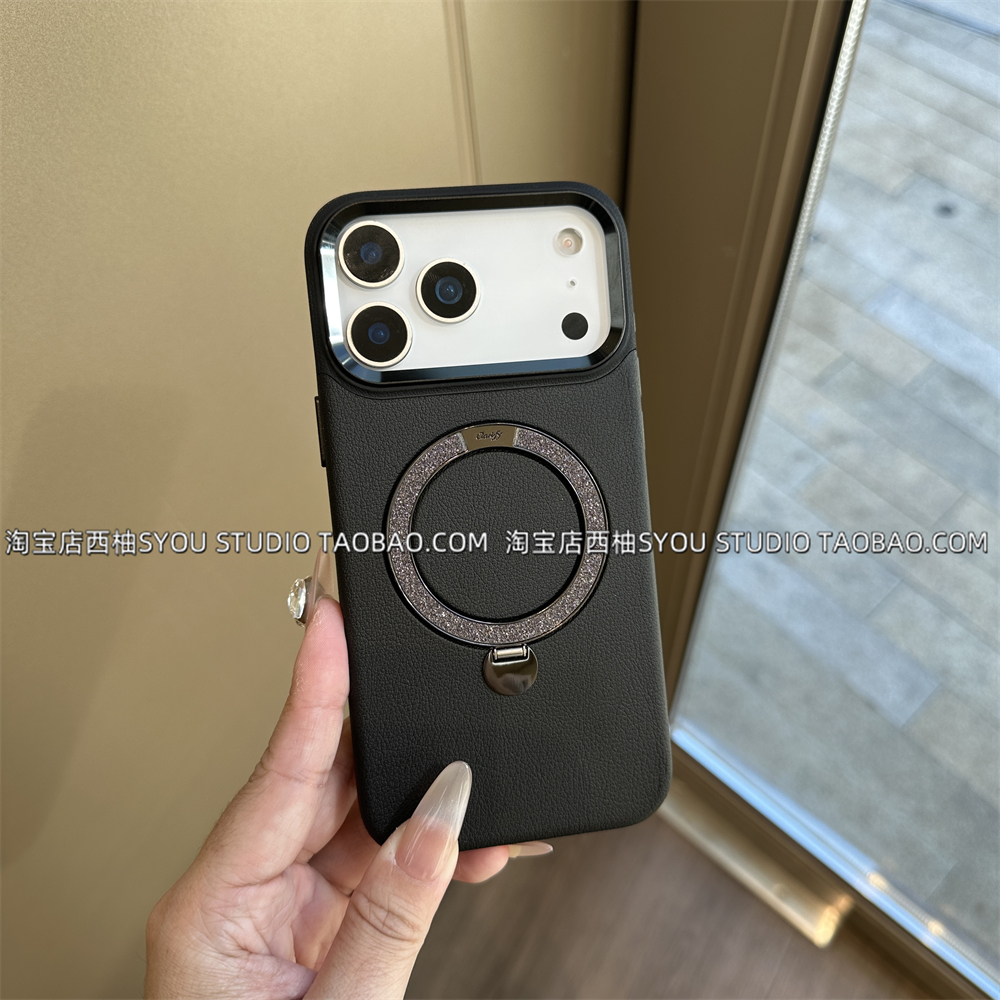 适用苹果17Promax手机壳iPhone16Promax保护套15新款轻奢高级感黑色皮纹闪粉点妆支架全包防摔女生超好看外壳