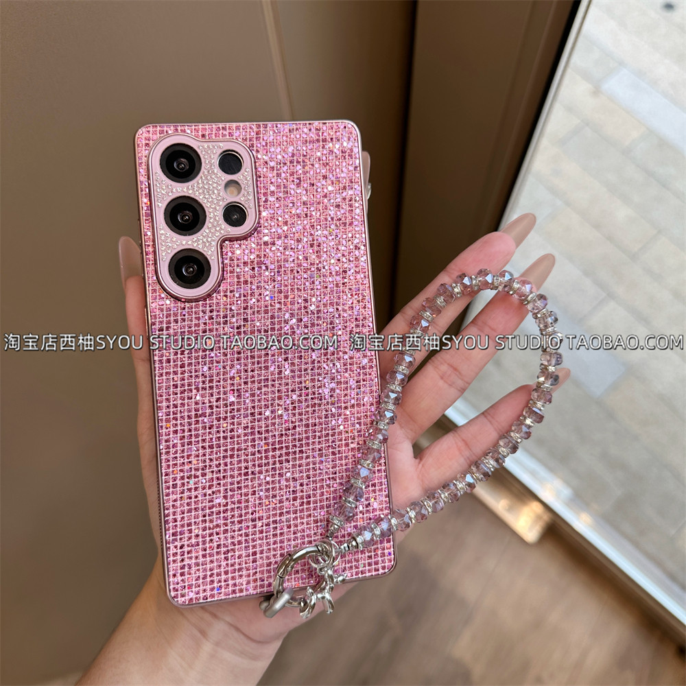 适用三星s25Ultra手机壳s24Ultra保护套s25+简约s23+高级感闪钻手提链条玫红镶钻全包镜头硬壳气质女防摔外壳