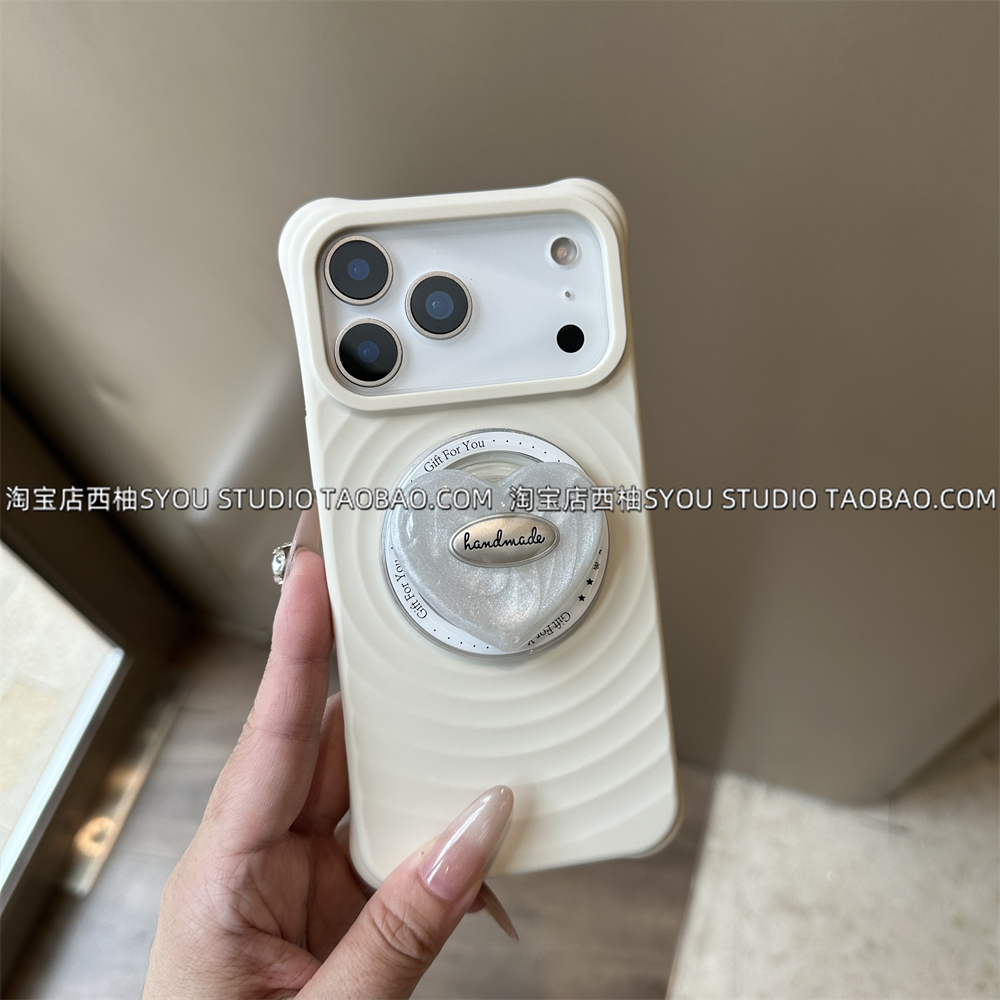 适用苹果17Promax手机壳iPhone16Pro保护套15新款小众设计轻奢高级感白色波漾磁吸液态硅胶爱心磁吸支架气质