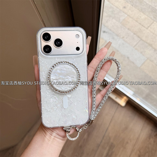 适用苹果17Promax手机壳iPhone16pro保护套新款全包轻奢高颜值白钻晕染磁吸支架满钻手提链防摔女生全包外壳