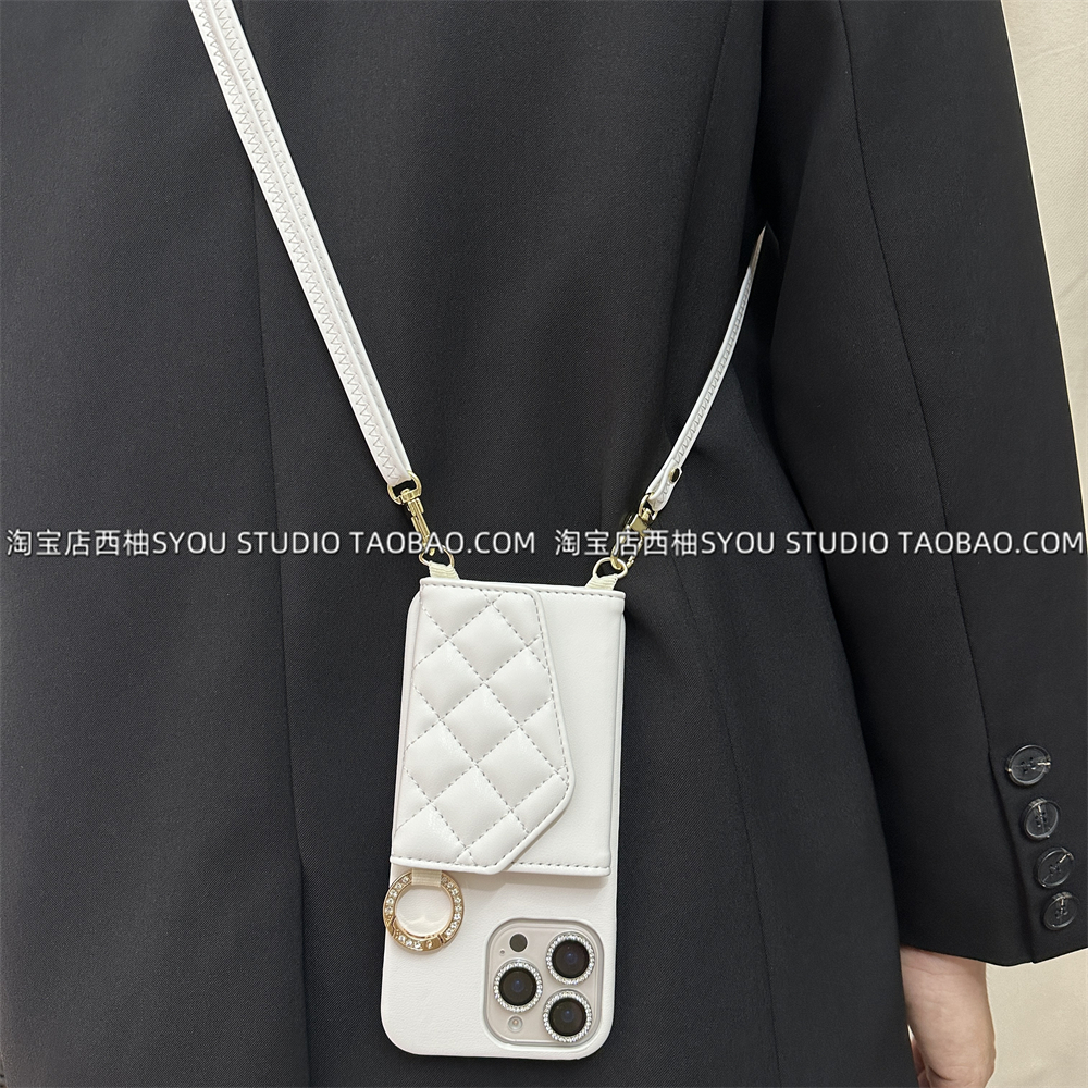 适用苹果16Promax手机壳iPhone15保护套14高级感菱格皮质卡包斜挎背带挂绳新款轻奢简约白色气质防摔外壳女生
