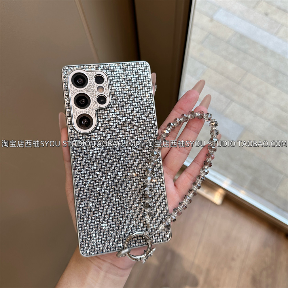 适用三星s25Ultra手机壳s24Ultra保护套s25+简约s23+高级感闪钻手提链条银色镶钻镜头全包硬壳气质女生外壳