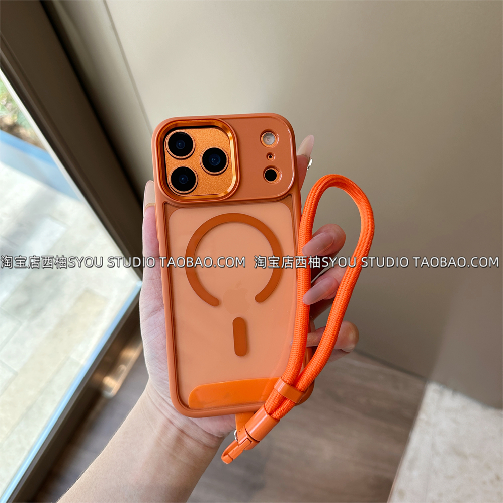 适用苹果17Promax手机壳iPhone16保护套15新款小众设计轻奢高级感爱马橙亚克力硬壳带磁吸手提绳气质防摔外壳
