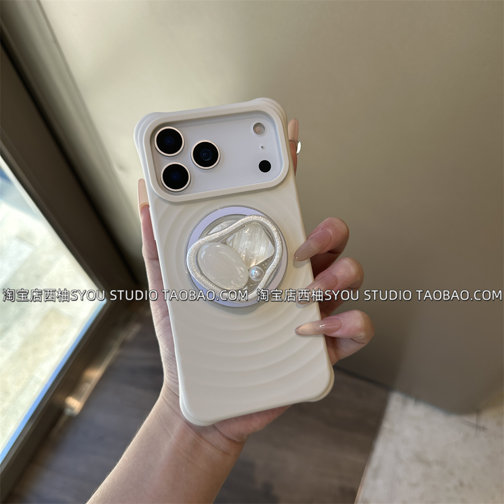 适用苹果16Promax手机壳iPhone15保护套14新款古董白波漾磁吸液态硅胶壳珍珠磁吸支架小众轻奢高级感气质女款