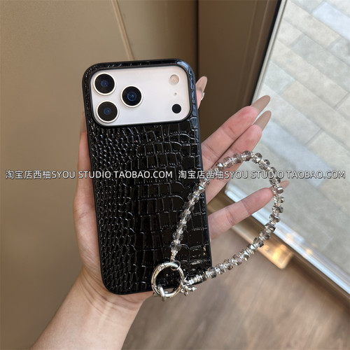 适用苹果17Promax手机壳iPhone16保护套15新款全包轻奢高级感鳄鱼纹皮质壳透灰闪钻手提链条防摔女生全包外壳