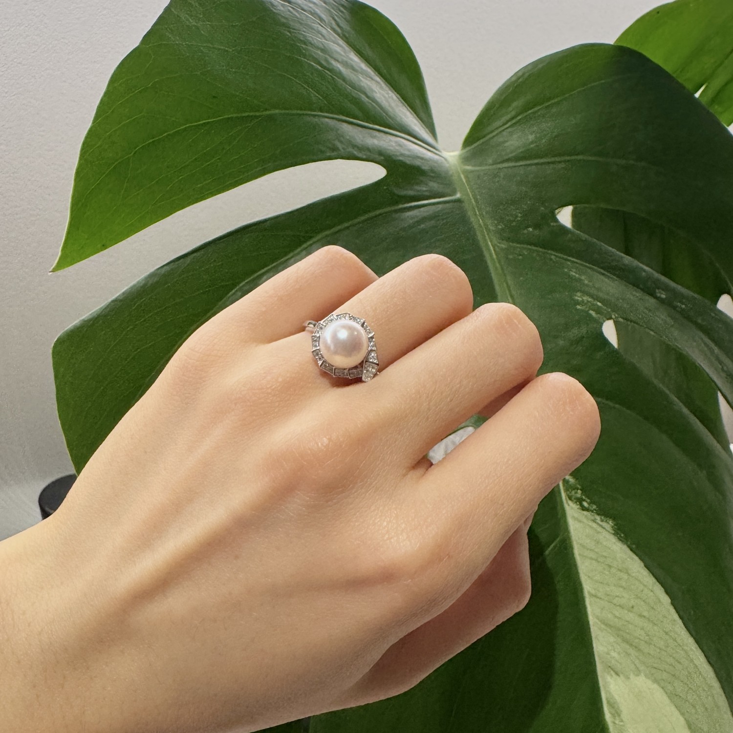 日本akoya海水珍珠戒指8-9mm极光S925纯银太阳花活口戒