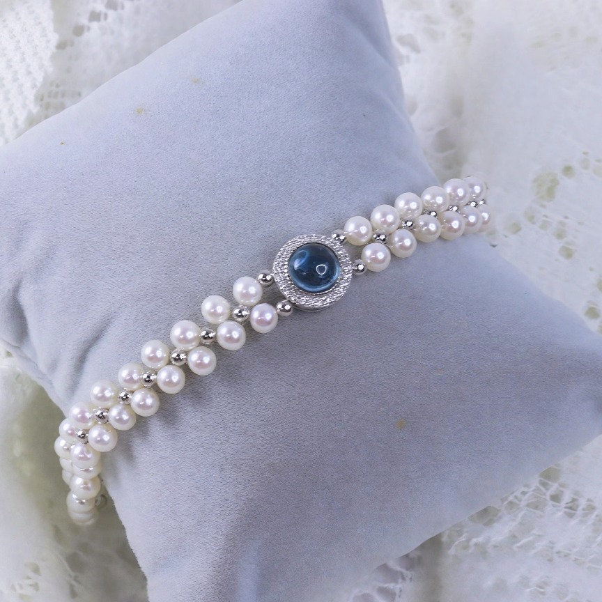 高品质极强光近正圆天然淡水珍珠手链S925银海蓝宝配件可调节手串
