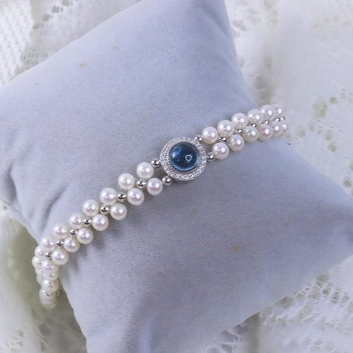 高品质极强光近正圆天然淡水珍珠手链S925银海蓝宝配件可调节手串