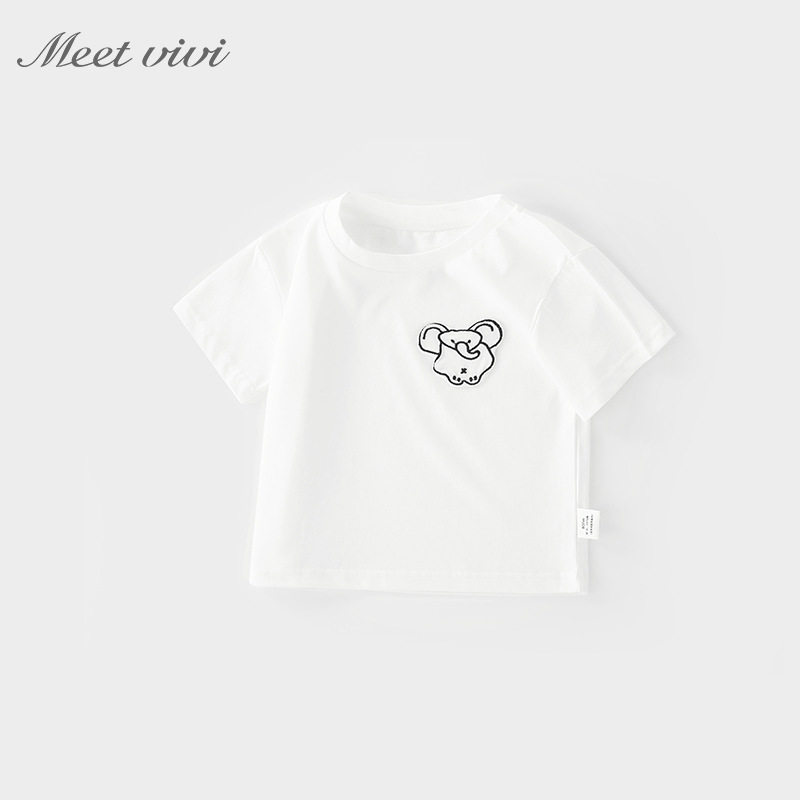 Meet vivi 2025夏季新款男童女童纯棉刺绣小象百搭可爱T恤短袖