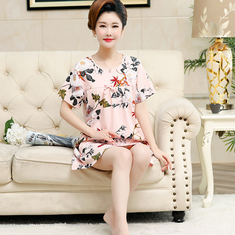 。中老年睡裙女夏季妈妈婆婆短袖中短款睡衣舒适绸胖mm舒适布连体