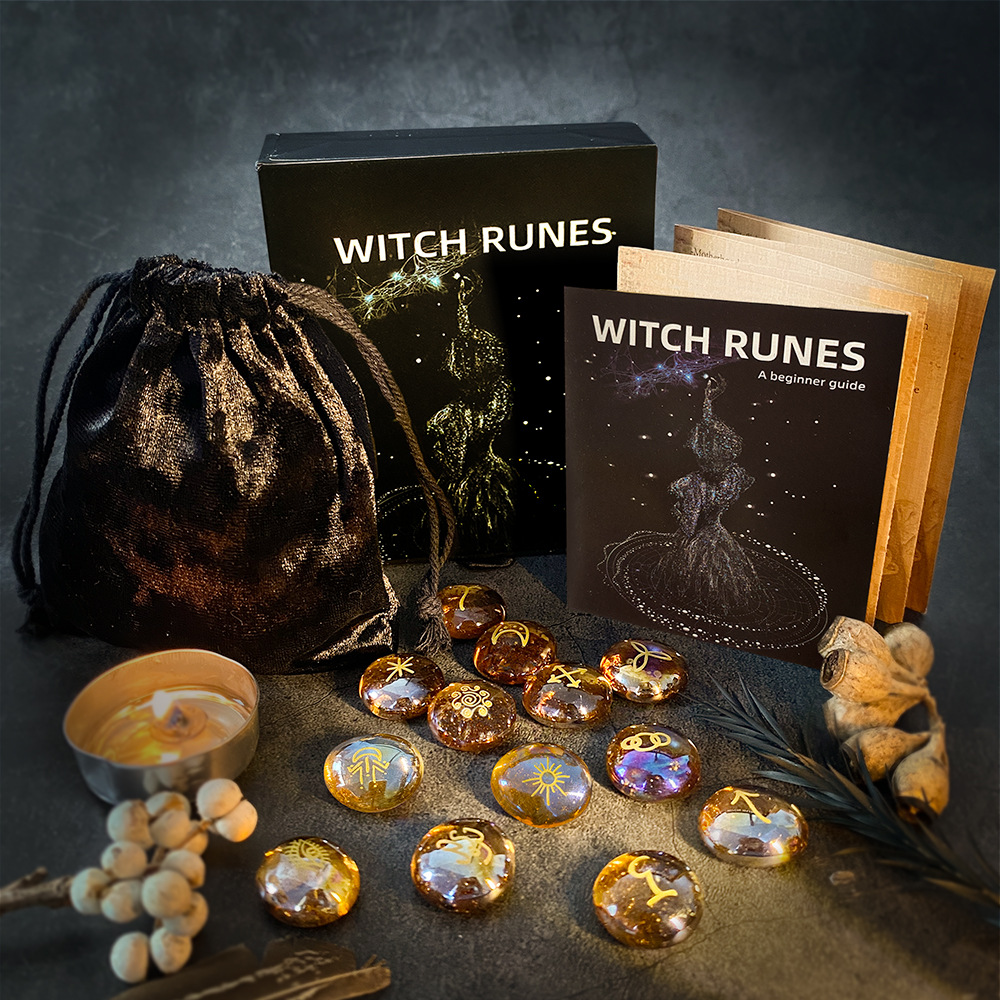 2024新款Witch Runes琉璃雕刻女巫字母符号铭文石13片冥想卢恩文
