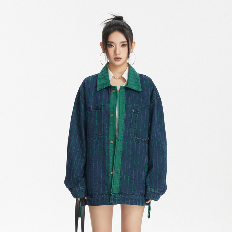 ANSWERME模特图W248条纹撞色水洗牛仔外套P125,女装短外套,新杭派391(FUSEEHO 391)