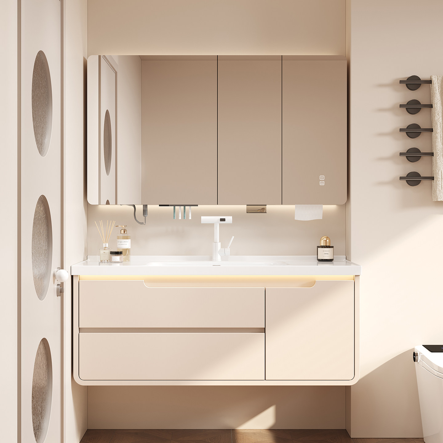 法式奶油风陶瓷一体智能浴室柜组合卫生间洗手盆洗脸盆柜洗漱台盆