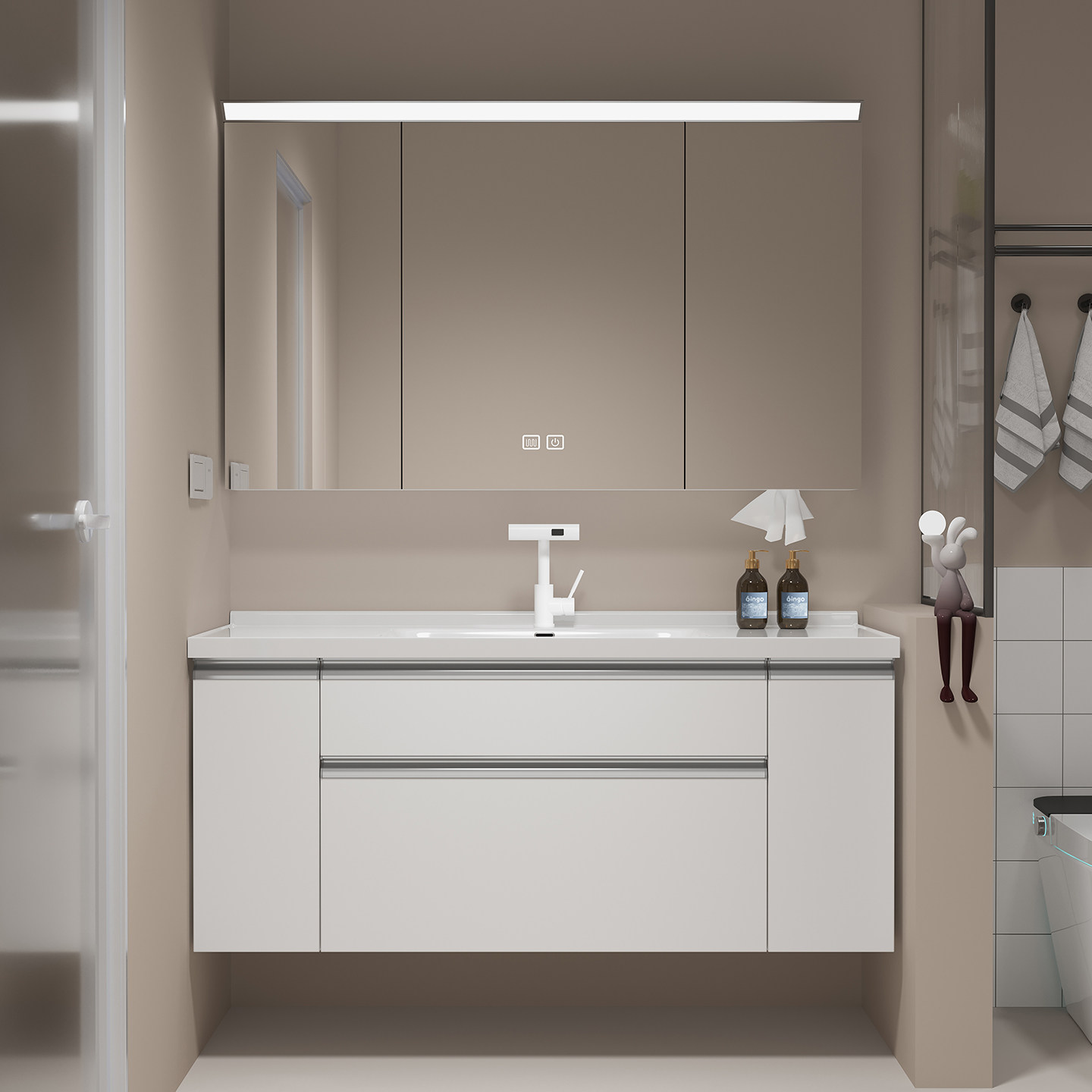 日式奶油风大收纳浴室柜组合抽屉拉篮洗漱手脸台陶瓷一体盆卫浴柜