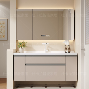 日式 收纳卫生间浴室柜组合胡奶油色浴室镜柜组合金脸台陶瓷一体盆