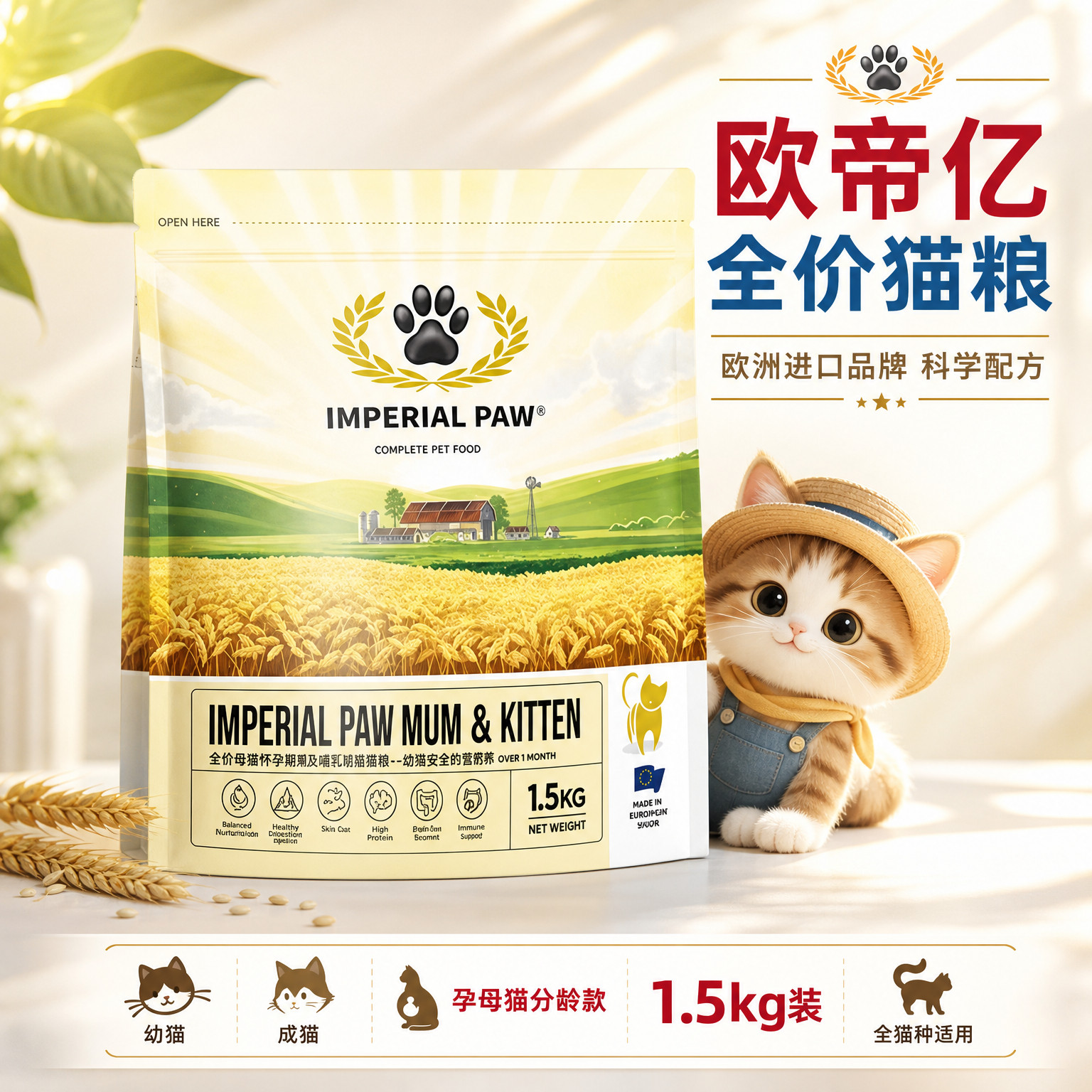 欧帝亿全价全期挑嘴猫粮成幼猫通用英短美短猫咪主粮1.5kg 正品