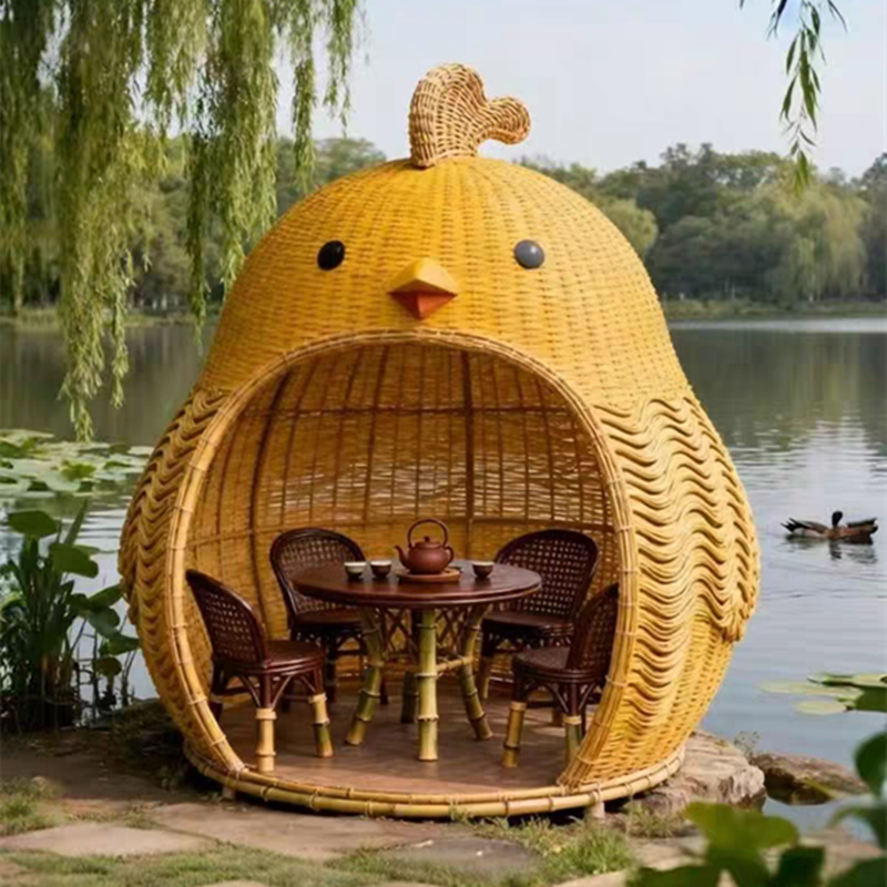 户外休闲庭院藤编小鸡造型凉亭小屋网红打卡装置藤编小鸡凉亭景观